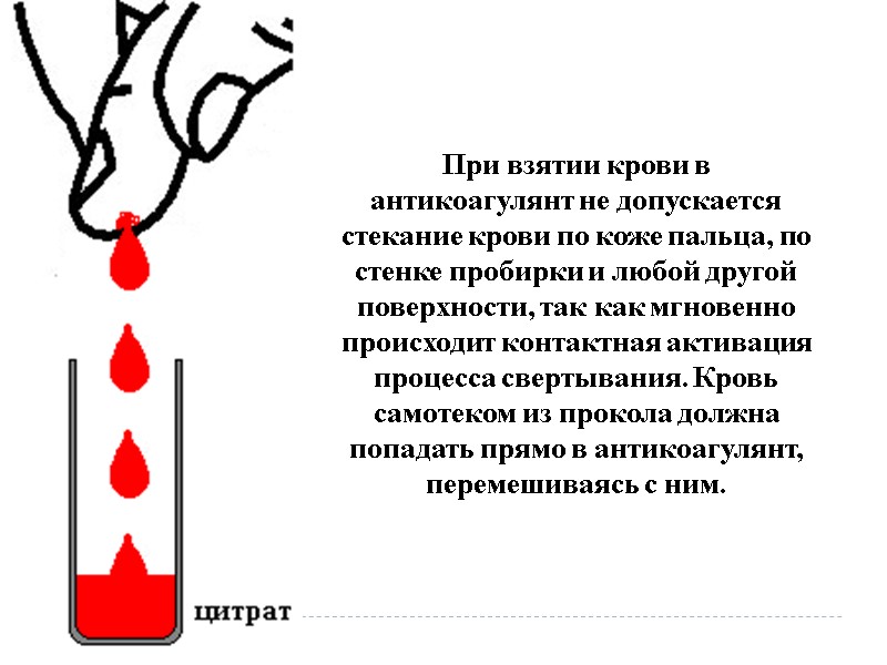 При взятии крови в антикоагулянт не допускается стекание крови по коже пальца, по стенке